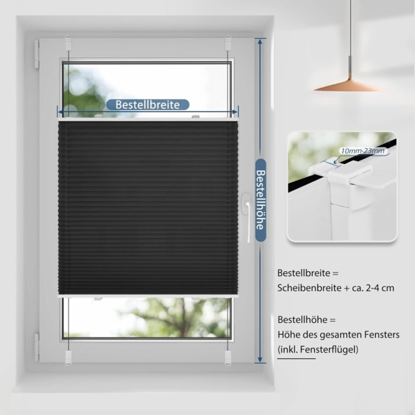 Sanfree Plissee Klemmfix Plisseerollo ohne Bohren Schwarz B60 x H130cm inkl. Klemmträger Blickdicht und lichtdurchlässig Jalousie Faltrollo Sichtschutz und Sonnenschutz Rollo für Fenster & Tür Bild 5