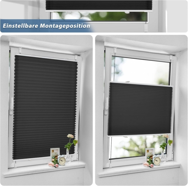 Sanfree Plissee Klemmfix Plisseerollo ohne Bohren Schwarz B60 x H130cm inkl. Klemmträger Blickdicht und lichtdurchlässig Jalousie Faltrollo Sichtschutz und Sonnenschutz Rollo für Fenster & Tür Bild 4