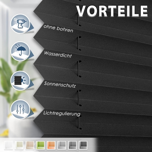 Sanfree Plissee Klemmfix Plisseerollo ohne Bohren Schwarz B60 x H130cm inkl. Klemmträger Blickdicht und lichtdurchlässig Jalousie Faltrollo Sichtschutz und Sonnenschutz Rollo für Fenster & Tür Bild 2