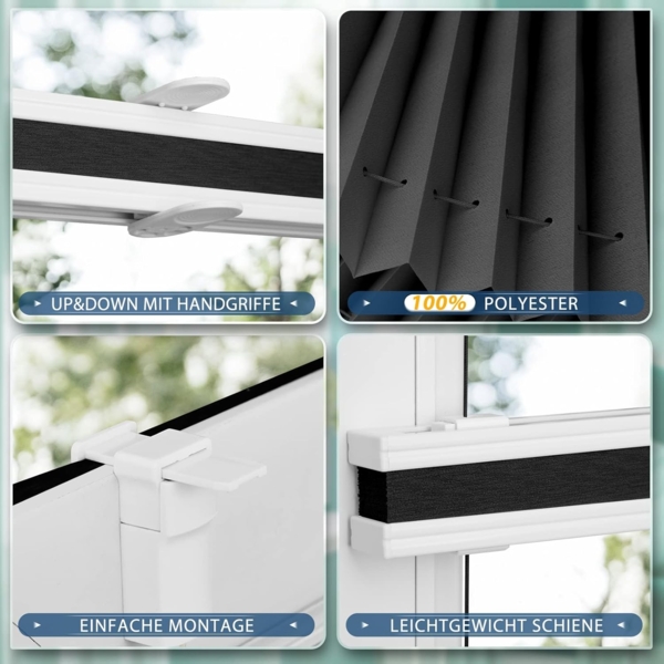 Sanfree Plissee Klemmfix Plisseerollo ohne Bohren Schwarz B60 x H130cm inkl. Klemmträger Blickdicht und lichtdurchlässig Jalousie Faltrollo Sichtschutz und Sonnenschutz Rollo für Fenster & Tür Bild 3