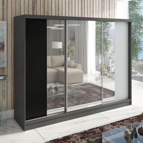 Schwebetürenschrank VENA 3-türig Schrank 200 cm (mit Spiegel) Farbe: Graphit , Schwarz , Weiß