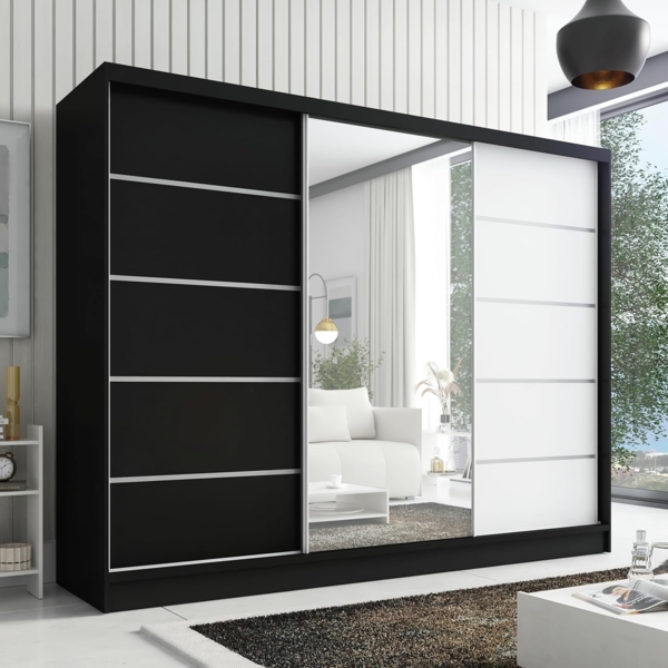 Schwebetürenschrank AVIRA 1 3-türig Schrank 200 cm (mit Spiegel) Farbe: Schwarz , Weiß