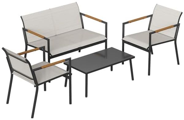 Outsunny Sitzgruppe mit 2er Sofa, 2 Sessel, Metall-Tisch, Fußpads, (Gartenlounge, 4-tlg, Gartenmöbel Set), für Garten Balkon Cremeweiß