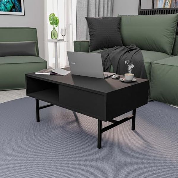 Hanah Home Stylish Black Coffee Table, 90 x 54 x 39.6 cm | 100% Melamine Coated Chipboard & Metal | Modern Design for Living Room & Office