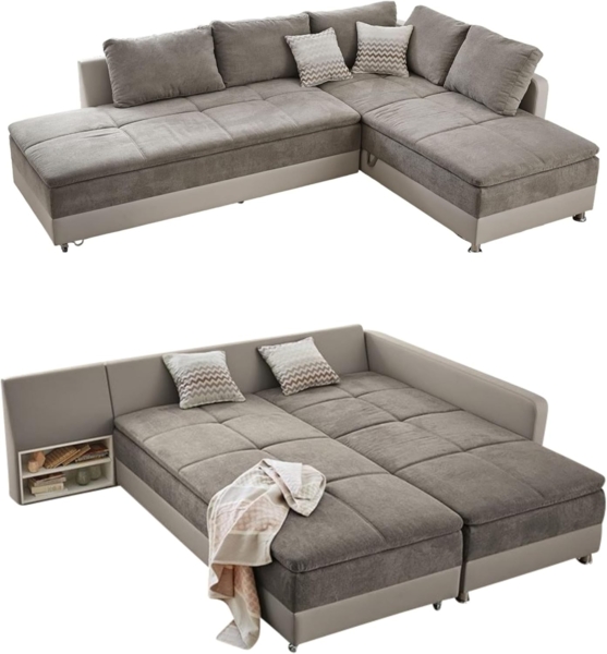 luma-home Ecksofa 15101, Dauerschläfer-Doppelbett 306x223 cm, Schwenkteil links, Bettkasten, Regal, Boxspring, Federkern, Wellenunterfederung, Topper, Mikrofaser Grau Braun/Kunstleder Beige