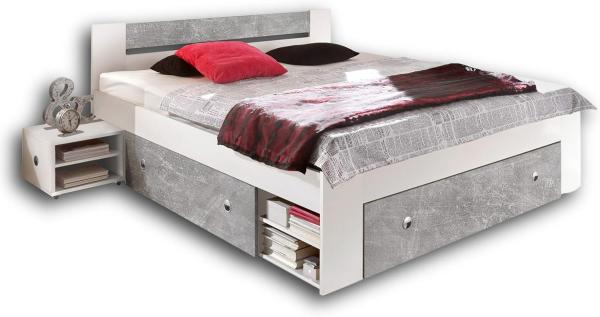 STEFAN Moderne Doppelbett Bettanlage 140 x 200 cm mit 2x Nachtkommoden - Schlafzimmer Komplett-Set in Beton-Optik, Weiß - 145 x 86 x 204 cm (B/H/T)