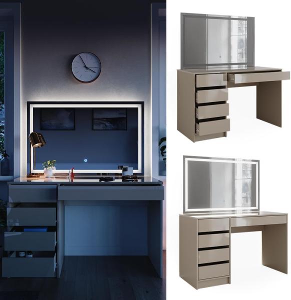 Schminktisch Sherry Greige Hochglanz 120 cm mit LED-Spiegel Vicco Bild 2