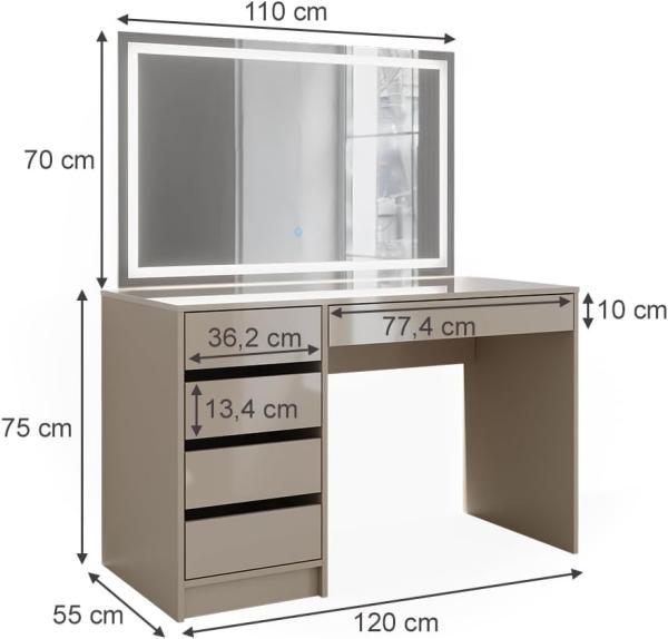 Schminktisch Sherry Greige Hochglanz 120 cm mit LED-Spiegel Vicco Bild 3