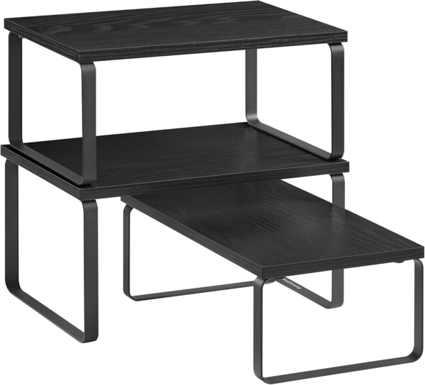 Gewürzregal, 3er Set Küchen-Organizer, Küchenregal, stapelbar, erweiterbar, Metall und Holzspanplatte, grau-schwarz