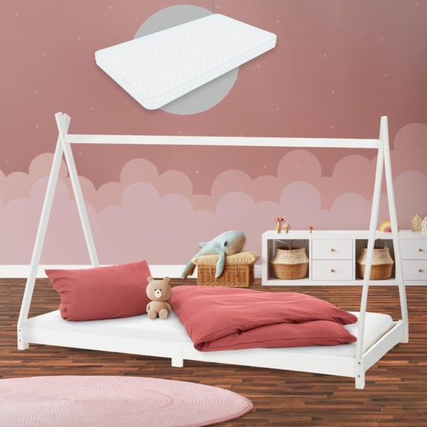 ML-DESIGN Kinderbett Hausbett Tipi Zeltbett inkl. Lattenrost Bodenbett Kinder Himmelbett, Abenteuerbett zum Spielen Zelt Spielbett Kiefer Bettenhaus Bett Weiß