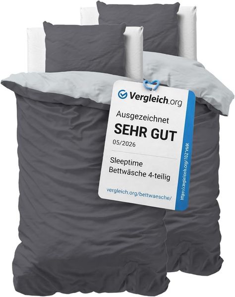 Sleeptime 100% Baumwolle Bettwäsche 135x200 cm 4teilig Grau/Anthrazit - weich & bügelfrei Bettbezüge mit Reißverschluss - zweifarbiges Bettwäsche Set mit 2 Kissenbezüge 80x80 cm