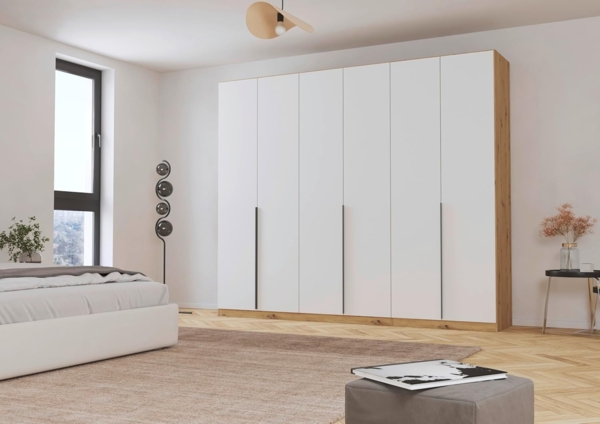 Rauch Möbel Alabama, Kleiderschrank, Garderobenschrank, 6-türig, Zubehör Classic, 3 Kleiderstangen, 9 Einlegeböden, Farbe Weiß/Eiche Artisan, Holz, Griff Grau metallic, 271 x 229 x 54 cm Bild 2