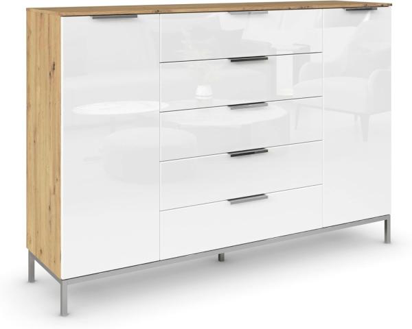 Rauch Möbel Flipp, Kommode mit Stauraum für Wohnzimmer, Schlafzimmer, 4 Fachböden, mit Metallkufe chrom, Eiche Artisan/Glasfront Weiß,2-türig,Glastüren,5 Schubkästen, Griffe chrom, 160 x 111 x 42 cm Bild 1