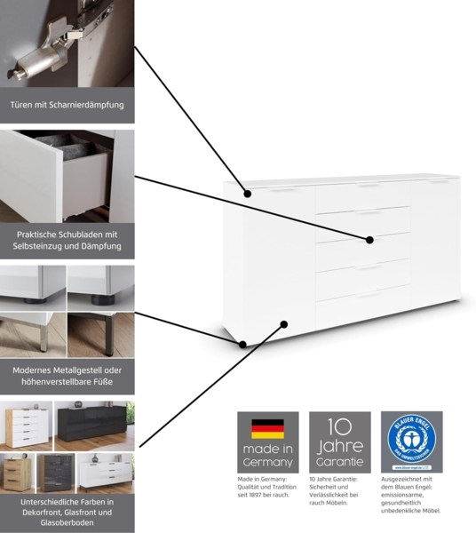 Rauch Möbel Flipp, Kommode mit Stauraum für Wohnzimmer, Schlafzimmer, 4 Fachböden, mit Metallkufe chrom, Eiche Artisan/Glasfront Weiß,2-türig,Glastüren,5 Schubkästen, Griffe chrom, 160 x 111 x 42 cm Bild 5