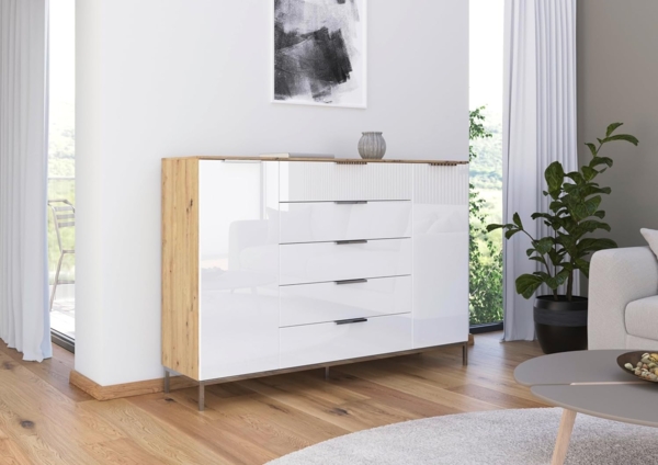 Rauch Möbel Flipp, Kommode mit Stauraum für Wohnzimmer, Schlafzimmer, 4 Fachböden, mit Metallkufe chrom, Eiche Artisan/Glasfront Weiß,2-türig,Glastüren,5 Schubkästen, Griffe chrom, 160 x 111 x 42 cm Bild 2