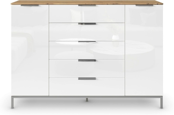 Rauch Möbel Flipp, Kommode mit Stauraum für Wohnzimmer, Schlafzimmer, 4 Fachböden, mit Metallkufe chrom, Eiche Artisan/Glasfront Weiß,2-türig,Glastüren,5 Schubkästen, Griffe chrom, 160 x 111 x 42 cm Bild 4