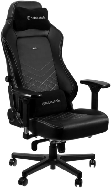 noblechairs Hero Gaming Stuhl 150 kg Belastbarkeit, PU-Kunstleder Bürostuhl Ergonomisch, Schreibtischstuhl Schwarz/Platinweiß, PC Drehstuhl mit Rollen, Gamer Sessel, Inklusive Kissen