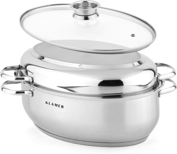 KLAMER Bräter 38 cm, backofengeeignet, 8,5L XXL Bräter mit Deckel, mit 4L Deckelpfa…, Energiesparend, Güteglasdeckel, tropffrei abgießen