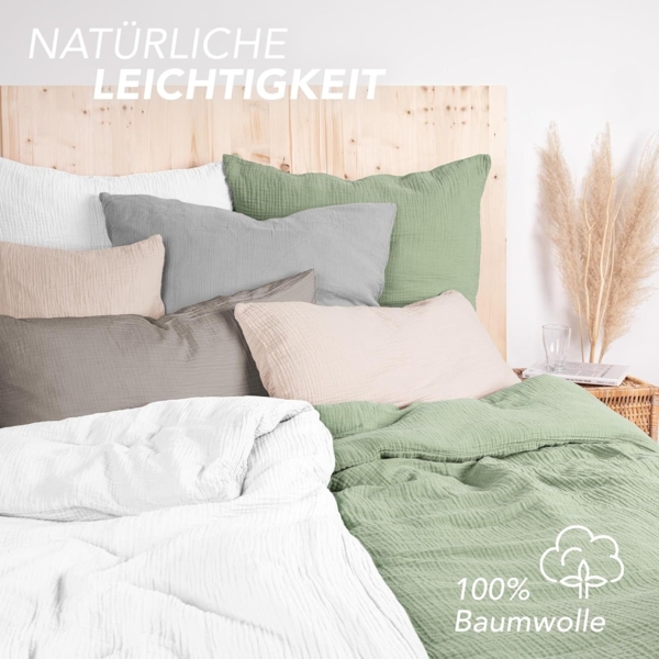 Pure Label Musselin Bettwäsche 155x220 6-teilig: Bettbezug 155 x 220 + Kissenbezüge 80x80 & 40x80 aus Baumwolle - Weiche Bettwäsche in Grün Bild 2