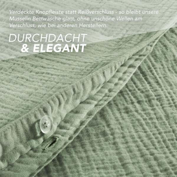 Pure Label Musselin Bettwäsche 155x220 6-teilig: Bettbezug 155 x 220 + Kissenbezüge 80x80 & 40x80 aus Baumwolle - Weiche Bettwäsche in Grün Bild 4
