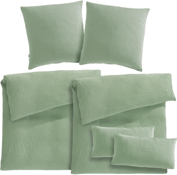 Pure Label Musselin Bettwäsche 155x220 6-teilig: Bettbezug 155 x 220 + Kissenbezüge 80x80 & 40x80 aus Baumwolle - Weiche Bettwäsche in Grün Bild 1