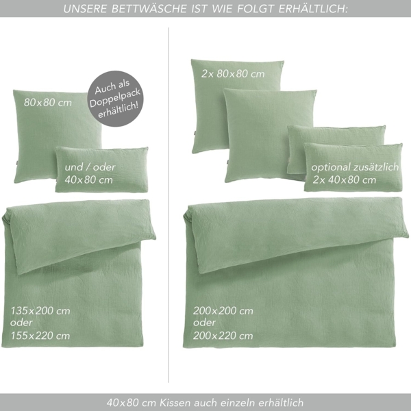 Pure Label Musselin Bettwäsche 155x220 6-teilig: Bettbezug 155 x 220 + Kissenbezüge 80x80 & 40x80 aus Baumwolle - Weiche Bettwäsche in Grün Bild 7