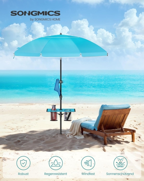 SONGMICS Sonnenschirm, Strandschirm, Sonnenschutz UPF 50+, Ablagefläche, ∅160 cm Bild 3