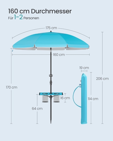SONGMICS Sonnenschirm, Strandschirm, Sonnenschutz UPF 50+, Ablagefläche, ∅160 cm Bild 5