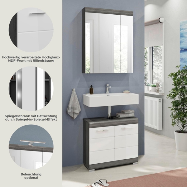 'Scout' 2-teiliges Badmöbel Set in weiß Hochglanz/Rauchsilber grau, 60 cm Bild 11