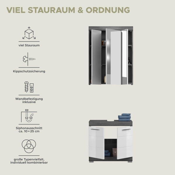 'Scout' 2-teiliges Badmöbel Set in weiß Hochglanz/Rauchsilber grau, 60 cm Bild 13