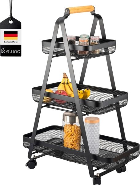eluno Servierwagen 3-stöckig, Rollwagen aus schwarzem Metall & Bambusgriff