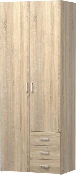 Kleiderschrank mit zwei Türen und drei Schubladen, Eichenfarbe, 77x49 x H200 cm
