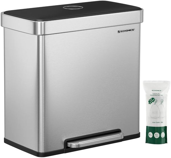 Songmics Mülleimer Küche, 2x30L, Mülltrennsystem, 2 Fächer, 15 Müllsäcke, Abfalleimer aus Edelstahl, Inneneimer aus Kunststoff, mit Deckel, Softclose, 58 x 31,5 x 59 cm, silbern LTB202E01