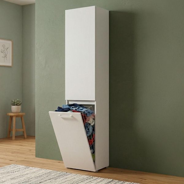 Dmora - Mehrzweck-Kleiderschrank mit 2 Türen Agapanto, Wäscheschrank mit 2 Türen, Badezimmersäule mit Wäschekorb, 100% Made in Italy, 45 x 37 x 195 cm, Weiß