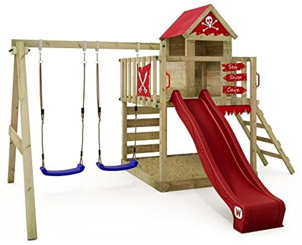 WICKEY Spielturm Klettergerüst Smart Cave mit Schaukel & roter Rutsche, Baumhaus mit Sandkasten, Kletterleiter & Spiel-Zubehör