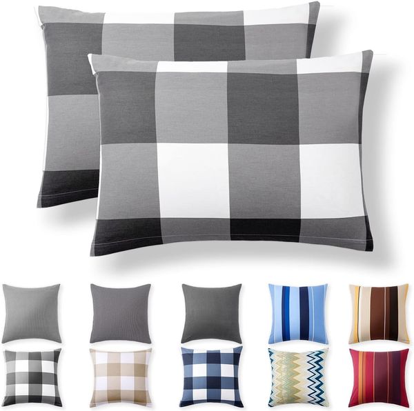 Alreya 2er-Set Renforcé Kissenbezug 40x60 cm - 100% Baumwolle mit Reißverschluss, Superweicher Kopfkissenbezug 40x60, Kissenhülle, Pordland Anthracite Anthrazit Kariert, nur Kissenbezug