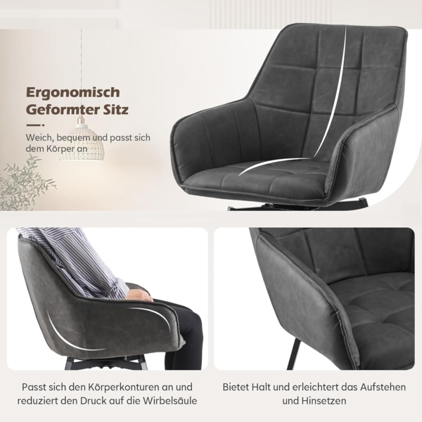 TUKAILAI Esszimmerstühle Drehbar, Drehstuhl esszimmer Kunstleder mit Armlehnen Rückenlehne Gepolsterter Sitz Metallbeine, Armlehnstuhl Küchenstühle Polsterstuhl Sessel für Küche (Grau) Bild 7