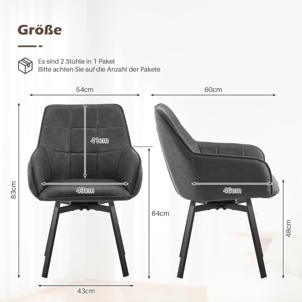 TUKAILAI Esszimmerstühle Drehbar, Drehstuhl esszimmer Kunstleder mit Armlehnen Rückenlehne Gepolsterter Sitz Metallbeine, Armlehnstuhl Küchenstühle Polsterstuhl Sessel für Küche (Grau) Bild 3
