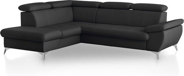 Mivano Eckcouch Gisele / Ecksofa mit Schlaffunktion, Stauraum, Armteilfunktion und Kopfteilverstellung / 256 x 83 x 209 / Kunstleder, Schwarz