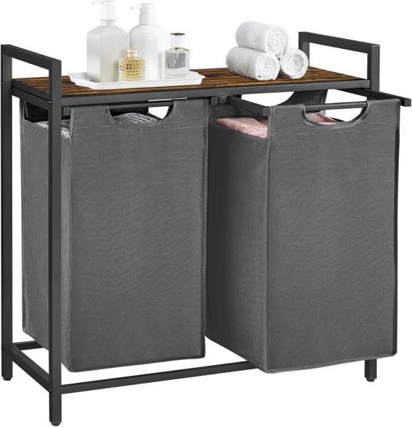 Vasagle Wäschekorb mit 2 Fächern, Metallgestell Vintagebraun/Grau, 2x46 L / 73 x 33 x 72 cm