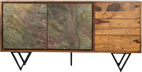 Sideboard Sheesham Massivholz 150x40x55cm 2 Türen 3 Schubladen 3D Steinoptik