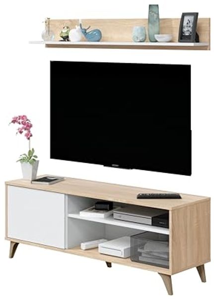 amuéblate online Moderner TV-Schrank mit 1 Tür und 2 Fächern + L-Regal, Modell Edu, Finish in Weiß und kanadischer Eiche