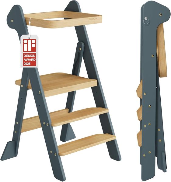 COSYLAND Lernturm ab 1 Jahr klappbar – iF Design Award Gewinner, höhenverstellbarer Lernturm mit Sicherheitsnetz, Montessori Learning Tower/Lernstuhl für Kinder, Holz (Schieferblau & Natur)