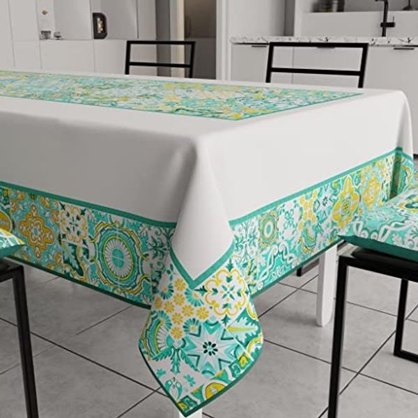 PETTI Artigiani Italiani - Tischdecke, schmutzabweisend, rechteckig, für Küchentisch, geometrisches Design, Vietri Grün, Wassergrün, X6-Sitzer (140x180 cm), 100% Made in Italy