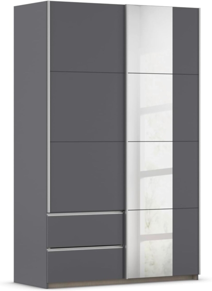 Rauch Möbel Stoke, Schwebetürenschrank, Kleiderschrank, Schrank, Garderobe, 2-türig, 1 Spiegel, 2 Schubladen, Farbe Grau metallic, Schwarz, Griffleisten Alufarben, 131 x 210 x 59 cm