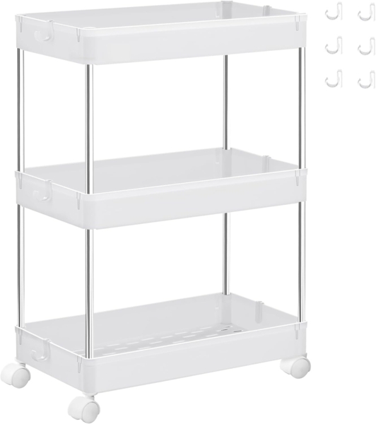 SONGMICS Rollwagen, Küchenwagen mit 3 Ebenen, Küchenregal, Nischenregal, mit 6 Haken, 360° drehbare Räder, arretierbar, Stahlgestell, Bad, Küche, Büro, weiß KSC009W01