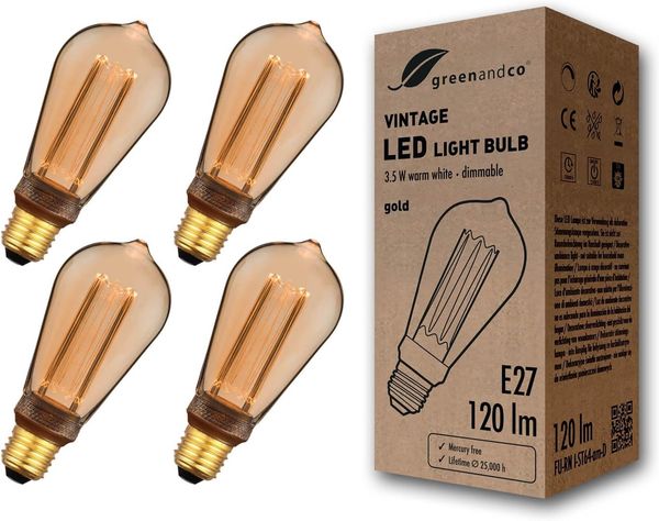 greenandco 4x LED Vintage Glühbirne zur Stimmungsbeleuchtung | dimmbar | E27 ST64 | gold | 3,5W 120lm | 1800K extra warmweiß | 320° | 230V | flimmerfrei | Edison Glühbirne