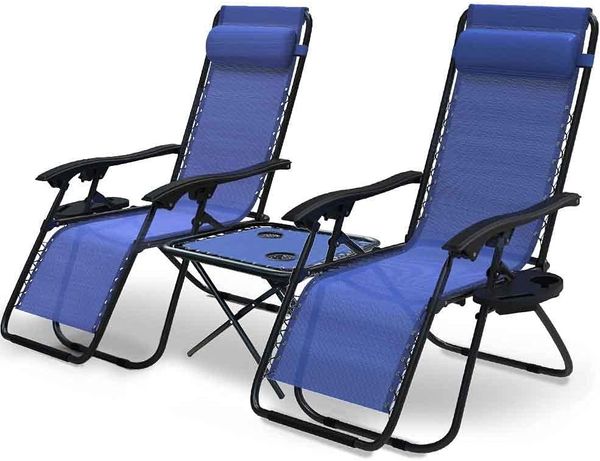 VOUNOT 2er-Set Liegestuhl Klappbar mit Beistelltisch, Relaxstuhl Garten mit Getränkehalter und Kopfpolster, Blau