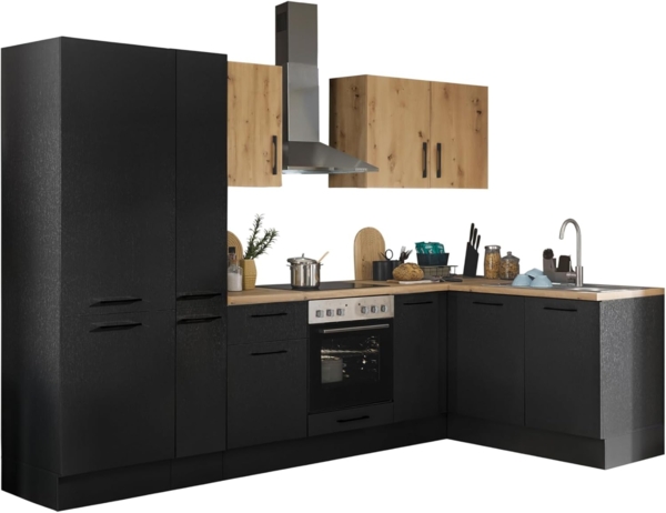 Turin L Eckküche 300 x 211 x 60 cm, schwarz - Ohne Küchengeräte - Moderne, geräumige Küche in Artisan-Eiche Optik mit viel Stauraum