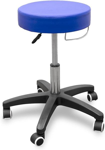 QUIRUMED Hocker mit rollbarem Untergestell und Handtuchhalter, Blaue Farbe, Kunstleder, hochdichte Polsterung, leicht, mit Rollen, höhenverstellbar, bis zu 150 kg